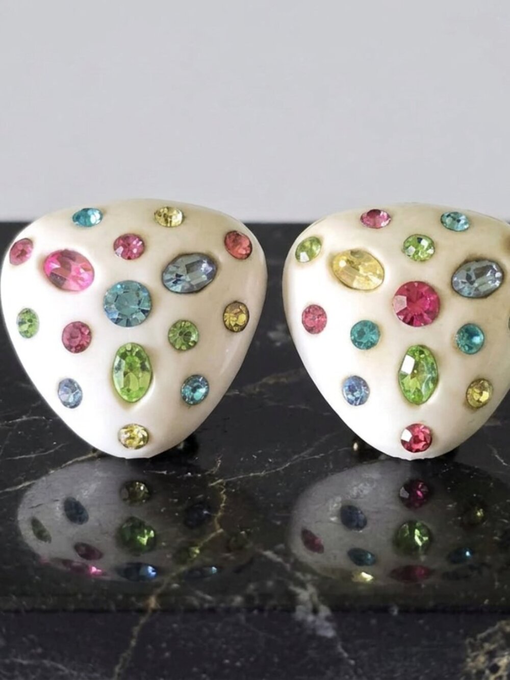 Vintage WEISS Cream Multicolored Rhinestone Clip Earrings